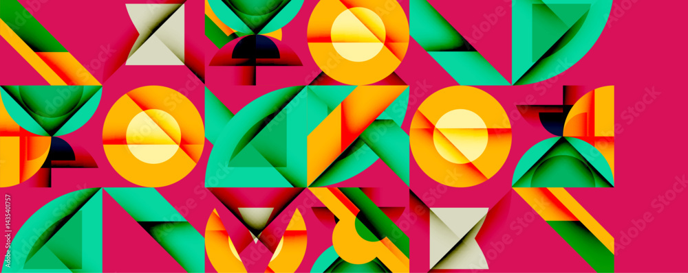 Poster geometric shapes overlap, creating vibrant patterns. orange, green, white contrast against pink back