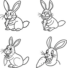 Fototapeta premium Cartoon rabbits with carrots outline illustration for coloring book or design element