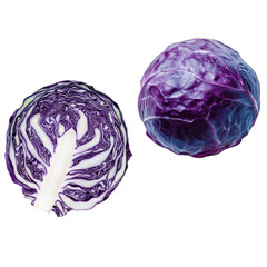 Obraz premium Isolated transparent PNG die-cut.Isolated on white background. Red Cabbage Halved and Whole on Transparent Background