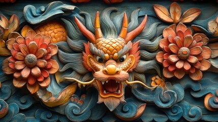 Obraz premium Intricate dragon carving surrounded by blossoms