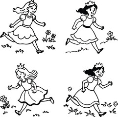 Cartoon princess running in field black and white outline illustration