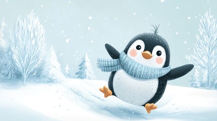 Joyful Penguin Sledding Through Snowy Winter Wonderland