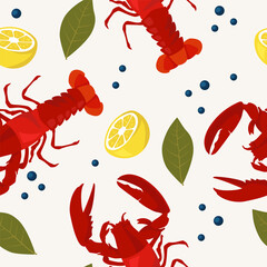 Seamless pattern with lobster. Vector cartoon illustration. Food banner. Menu background.