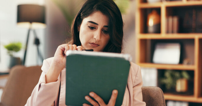 Tablet, thinking and business with woman in home office for government lawyer, federal justice policy or idea. State prosecutor, vision and political administration with person and online review