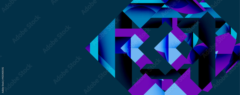 Poster abstract geometric shapes, vibrant blues, purples create dynamic composition. modern design, digital