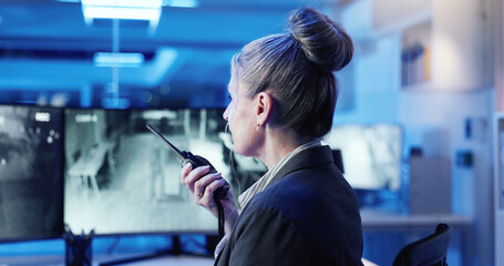 Control room, surveillance and woman with radio, online and security guard with footage for safety....