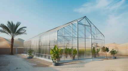 Obraz premium Modern greenhouse in Saudi Arabia using tech solutions stock photo --ar 16:9 --raw --v 6 Job ID: 82046f0a-baab-431b-953e-6376a7f373ec