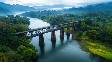 Obraz premium Jungle railway bridge crossing still river