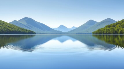 Naklejka premium A serene lake surrounded by lush green mountains and clear blue sky.