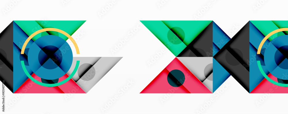 Poster Abstract geometric pattern. Overlapping shapes create dynamic visual effect. Bright colors, circles, triangles dominate composition.