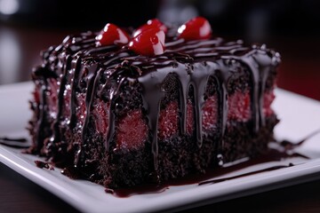 Chocolate cake slice topped with cherries and chocolate sauce  A square piece of rich dark chocolate cake, layered with red fruit filling, is drizzled with melted chocolate 