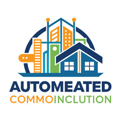 Modern logo design for automated construction technology featuring stylized buildings and innovative tools representing efficiency and progress