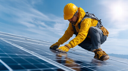 Solar panel technician in safety gear installing photovoltaic panels under a bright sky, renewable energy labor scene, realistic action pose