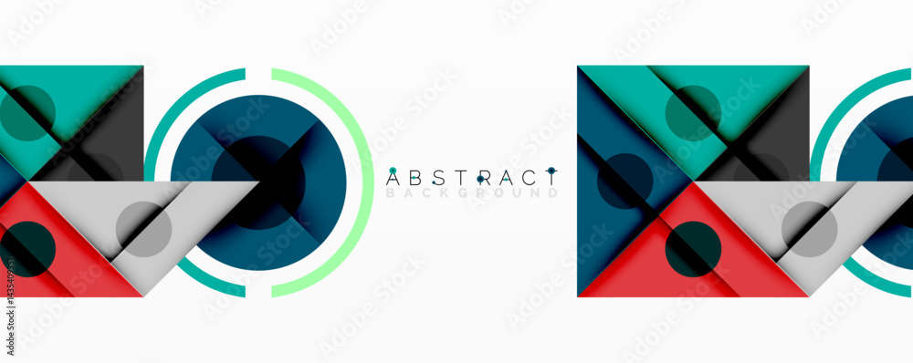 Fototapete Geometric shapes overlap creating modern abstract patterns. Teal, red, gray colors dominate composition. Minimalist design.