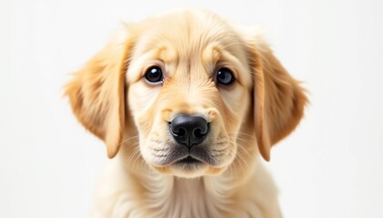 Golden retriever puppy stares intently, white backdrop, golden retriever, gold