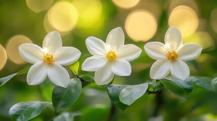 Fototapeta premium Three delicate white flowers in soft focus, bathed in sunlight