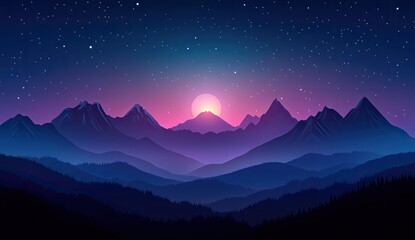 Pink and purple sunset over silhouetted mountains and forest under a starry night sky