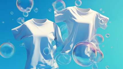 White casual shirts washed in clean water with molecule in liquid bubble, Detergent cleaner, 3d rendering.