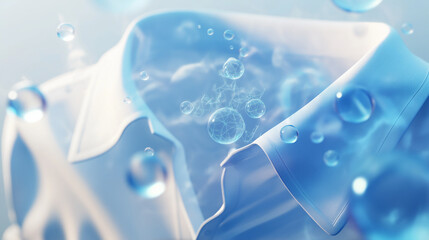 White casual shirts washed in clean water with molecule in liquid bubble, Detergent cleaner, 3d rendering.