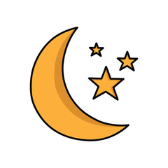 Orange moon and stars icon isolated flat design.