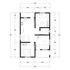 Black and White floor plan of a modern unfurnished house for your design. Suburban house vector blueprint. Architectural background. eps