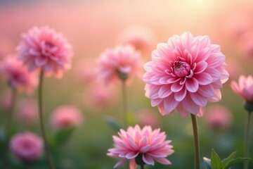 Fototapeta premium Soft focus dahlia field, pastel palette, repeating pattern, focus, pattern, photography