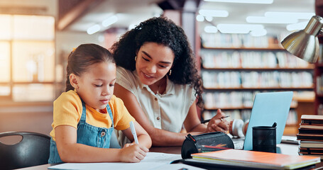 Mom, girl and education with writing at library with smile, notes and support for assessment,...