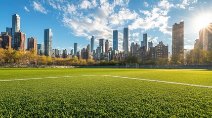 Obraz premium urban soccer field with city skyline