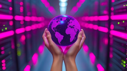 Global network infrastructure, hands hold digital earth in vibrant server room