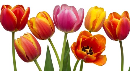 Naklejka premium Blooming Colorful Tulips on White Background for Spring