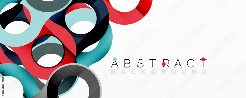 Poster Abstract design features overlapping colorful rings. Modern composition with vibrant hues, clean lines, white space.