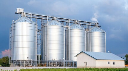Obraz premium Metallic silos, transport structure, agricultural field, building, industry, storage
