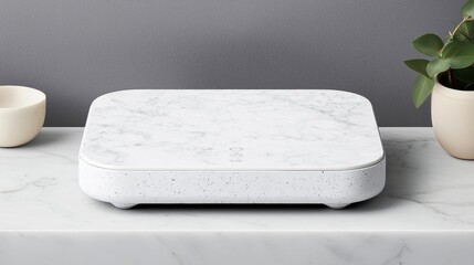 A white square object with a black dot on it sits on a marble countertop.