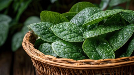 Vibrant green leaves in a rustic basket showcasing freshness and natural beauty