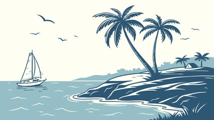 A vector illustration shows tropical palm trees lining a sandy beach on a paradise island under the summer sun