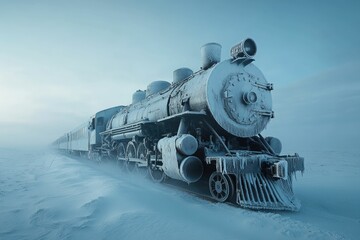 Fototapeta premium A frost-covered vintage steam train stands alone in a snowy, desolate landscape, evoking a sense of isolation and winter's stillness.