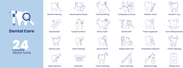 Clean, editable dental care line icons for health, clinics, and medical visuals. Perfect for modern vector design.