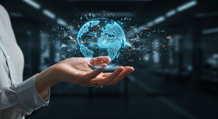 Holding Digital Globe Earth in Hand Global Connection Concept