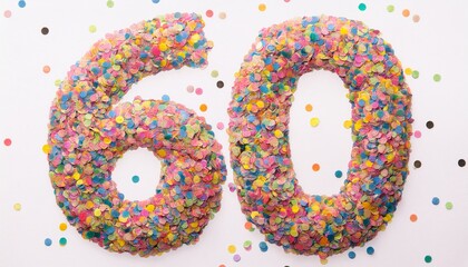 Number 60 made out of confetti, white background. photo for sixtieth birthday or anniversary party