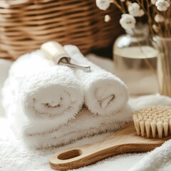 Spa towels, brush, and flowers.  Relaxing bathroom setting