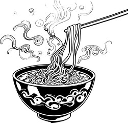 Steaming Noodles in Decorative Bowl Lifted with Chopsticks Black and White Line Art Illustration