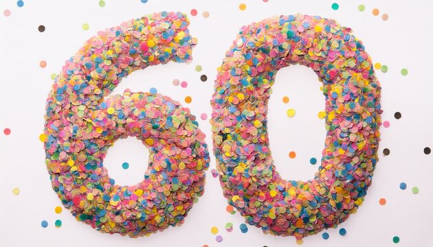 Number 60 made out of confetti, white background. photo for sixtieth birthday or anniversary party