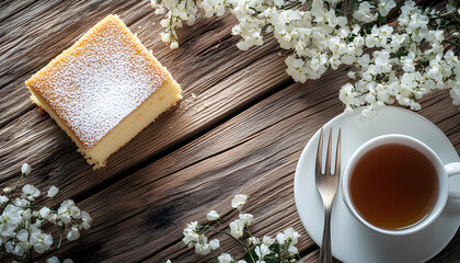 Fototapeta premium Pieces of delicious Japanese sponge cake, tea, gypsophila flowers and fork on wooden table, close-up. Space for text