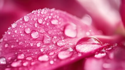 Dew drops are glistening on a delicate magenta colored petal