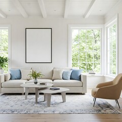 Fototapeta premium Frame mockup, ISO A paper size. Living room wall poster mockup. Interior mockup with house background. Modern interior design. 3D render
