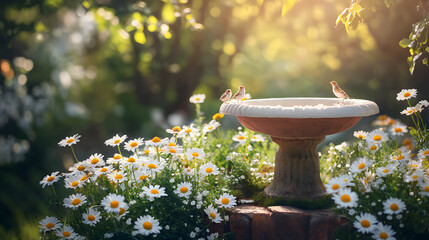 A Serene Garden Scene Featuring Delightful Birds and Flourishing Daisies Beside a Charming Birdbath in Gentle Sunlight