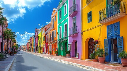 Fototapeta premium Vibrant, colorful houses line a sunny street