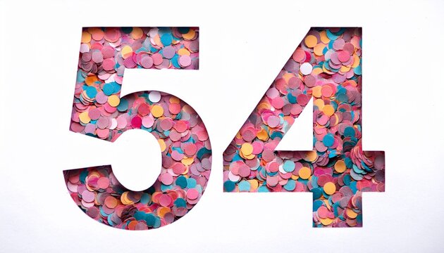 Number 54 made out of confetti, white background. photo for fifty-fourth birthday or anniversary party