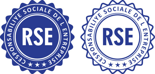 two blue badges with rse letters Cesponsabiliye Sociale Del Entreprise