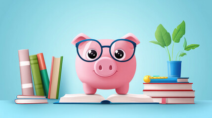 Managing student budgets creative flat design illustration of budget books and piggy banks in a study environment